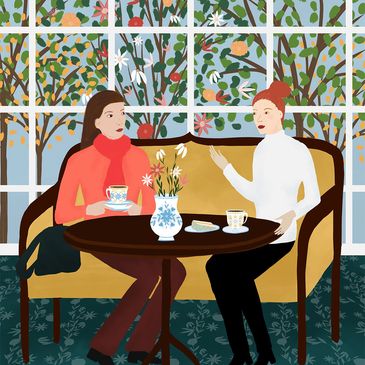 Two women in a cafe in spring - Michelle Ingari