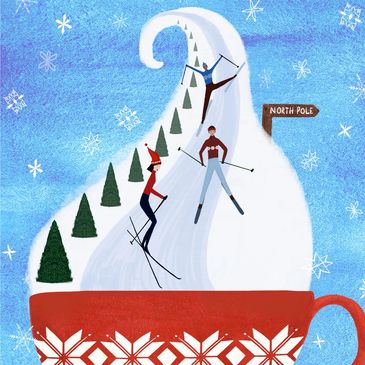 Skiers on a "mountain" of whipped cream-topped hot cocoa - Michelle Ingari