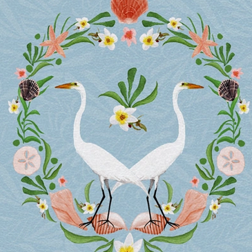 Two egrets in a wreath of shells and sea flora - Michelle Ingari
