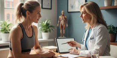 A doctor consulting a female patient in a medical office.