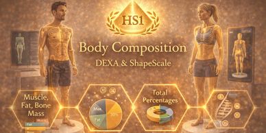 Graphic showing body composition analysis using DEXA and ShapeScale technology.