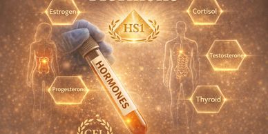 A test tube labeled Hormones with human body outlines and hormone names glowing around it.