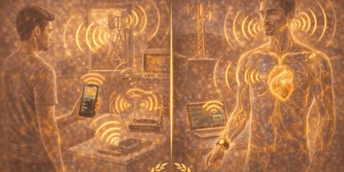 Illustration showing wireless signals connecting a man to devices and a human body.