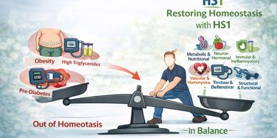 Balance scale showing health imbalance due to obesity and pre-diabetes versus restored homeostasis.