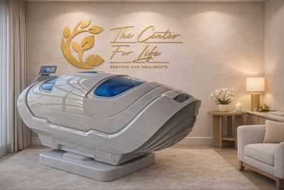 A futuristic pod in a serene wellness center room.