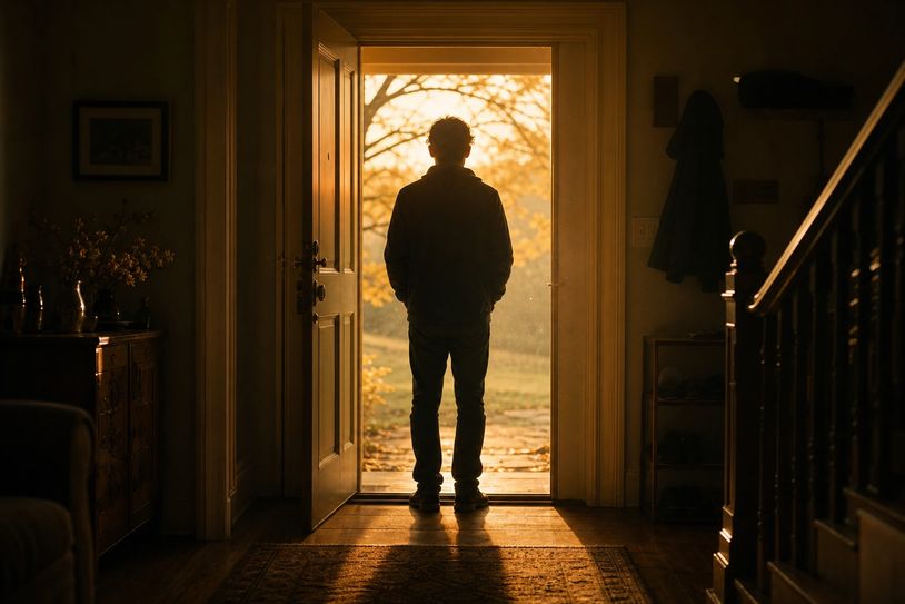 Person standing in doorway watching sunset.