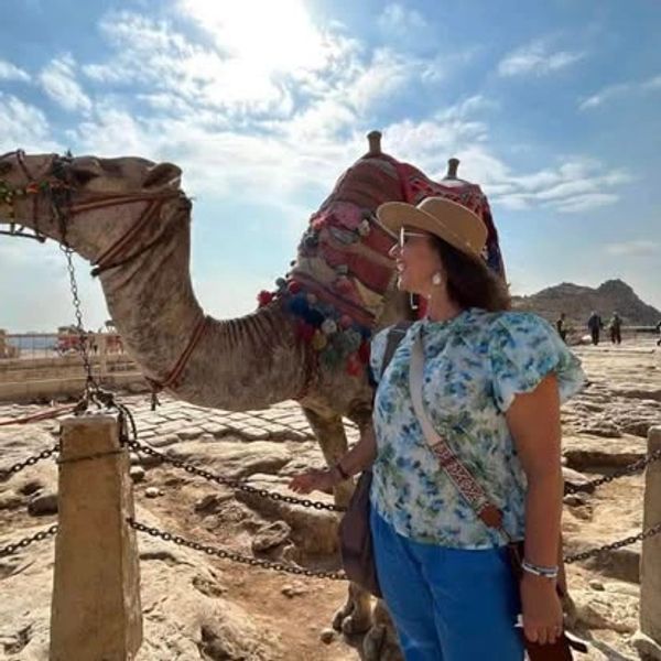 Woman standing next to a decorated camel in a sunny outdoor setting.