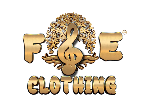 FSE Clothing logo, gold with silver accents, featuring a treble clef and a family tree with diamonds 