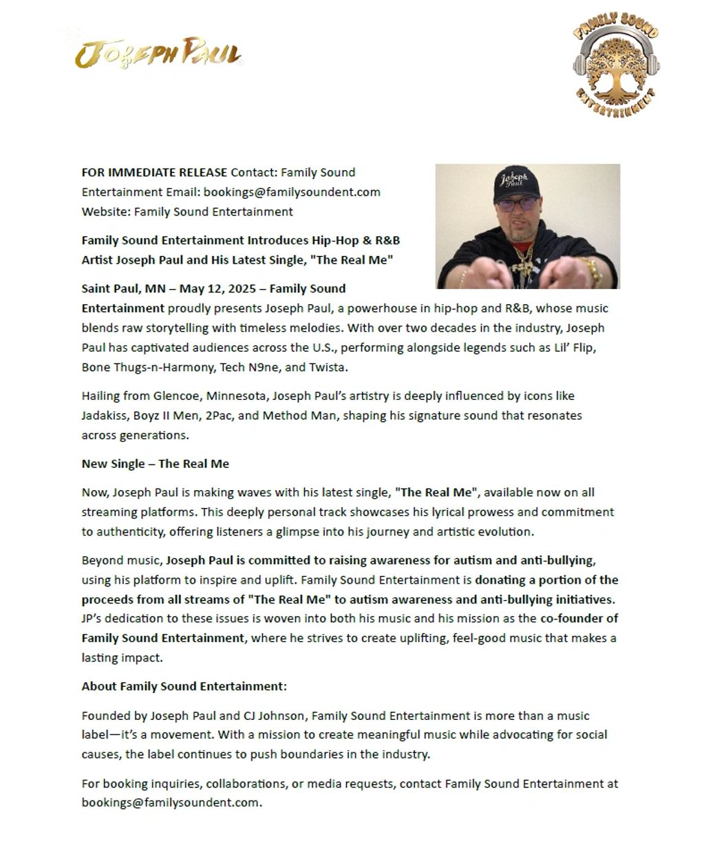 Image preview of the full press release downloadable PDF Joseph Paul The Real Me.