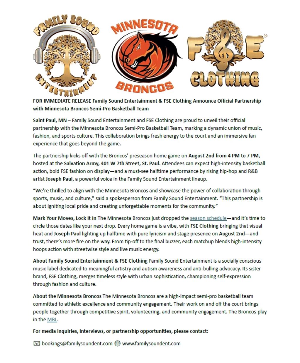 Family Sound Entertainment & FSE Clothing announce partnership with Minnesota Broncos Press Release