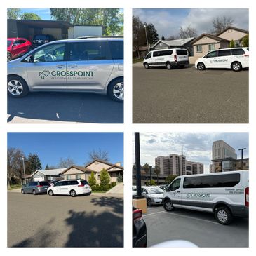 Four images showing Crosspoint Transportation vehicles parked in residential and urban areas.