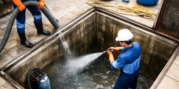 Two workers cleaning a water-filled pit.