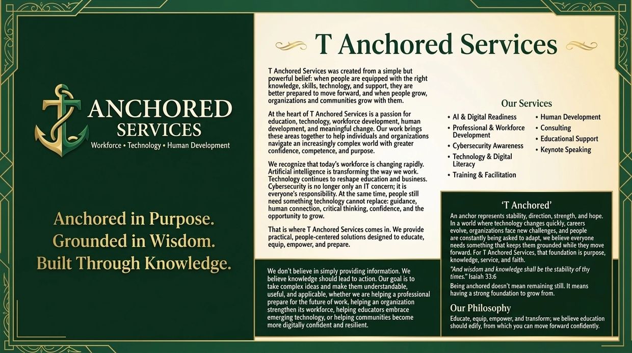 Informative poster about T Anchored Services' mission and offerings.