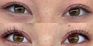 Close-up of brown eyes before and after eyelash extensions.