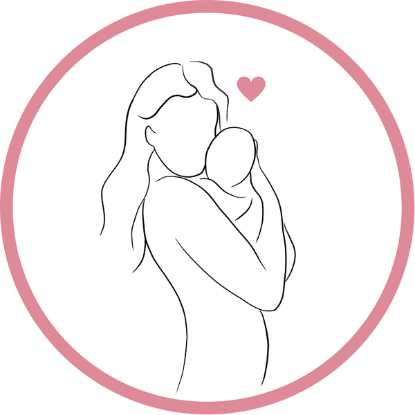 Line art of a solo mother cradling her newborn baby with a heart showing how in love she is