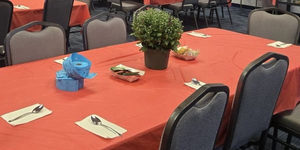 Orange tablecloth on a dining table with plant and utensils.