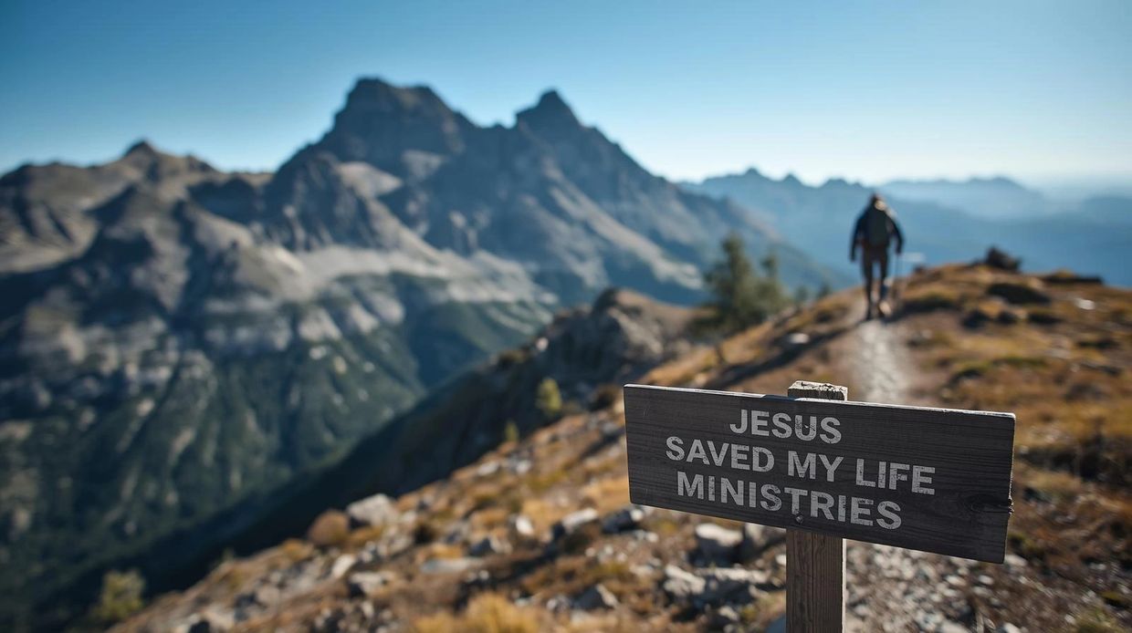 A sign reading 'Jesus Saved My Life Ministries' on a mountain trail with a hiker in the background.