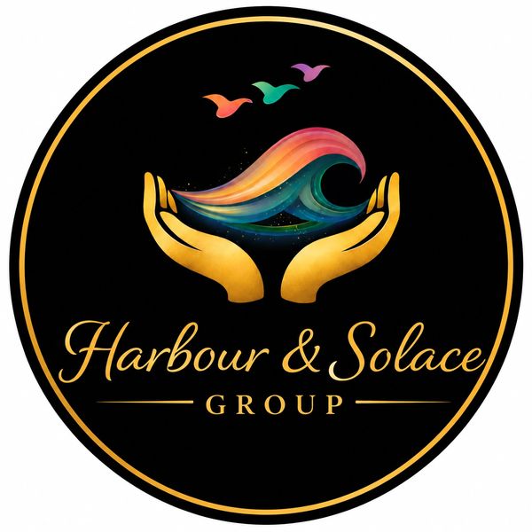 Colorful wave and birds held by golden hands logo for Harbour &amp; Solace Group.