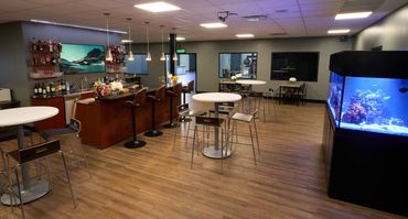 Comfortable front office amenities, full bar, restrooms, green room