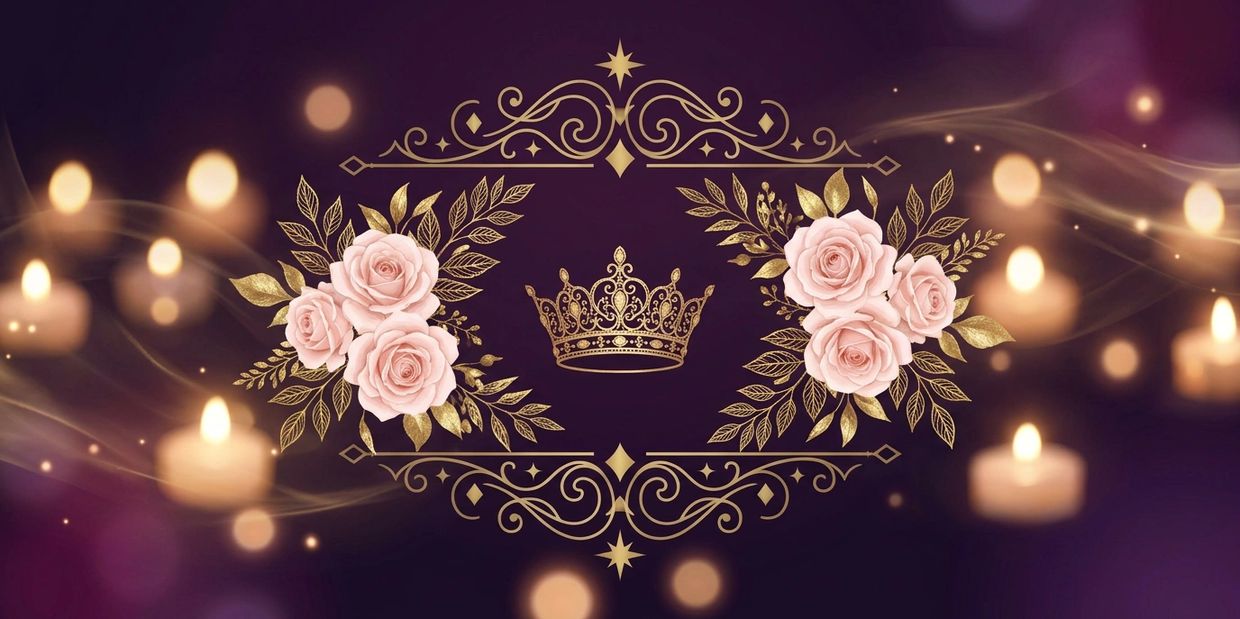 Elegant floral frame with a golden crown and soft glowing candles on a dark background.