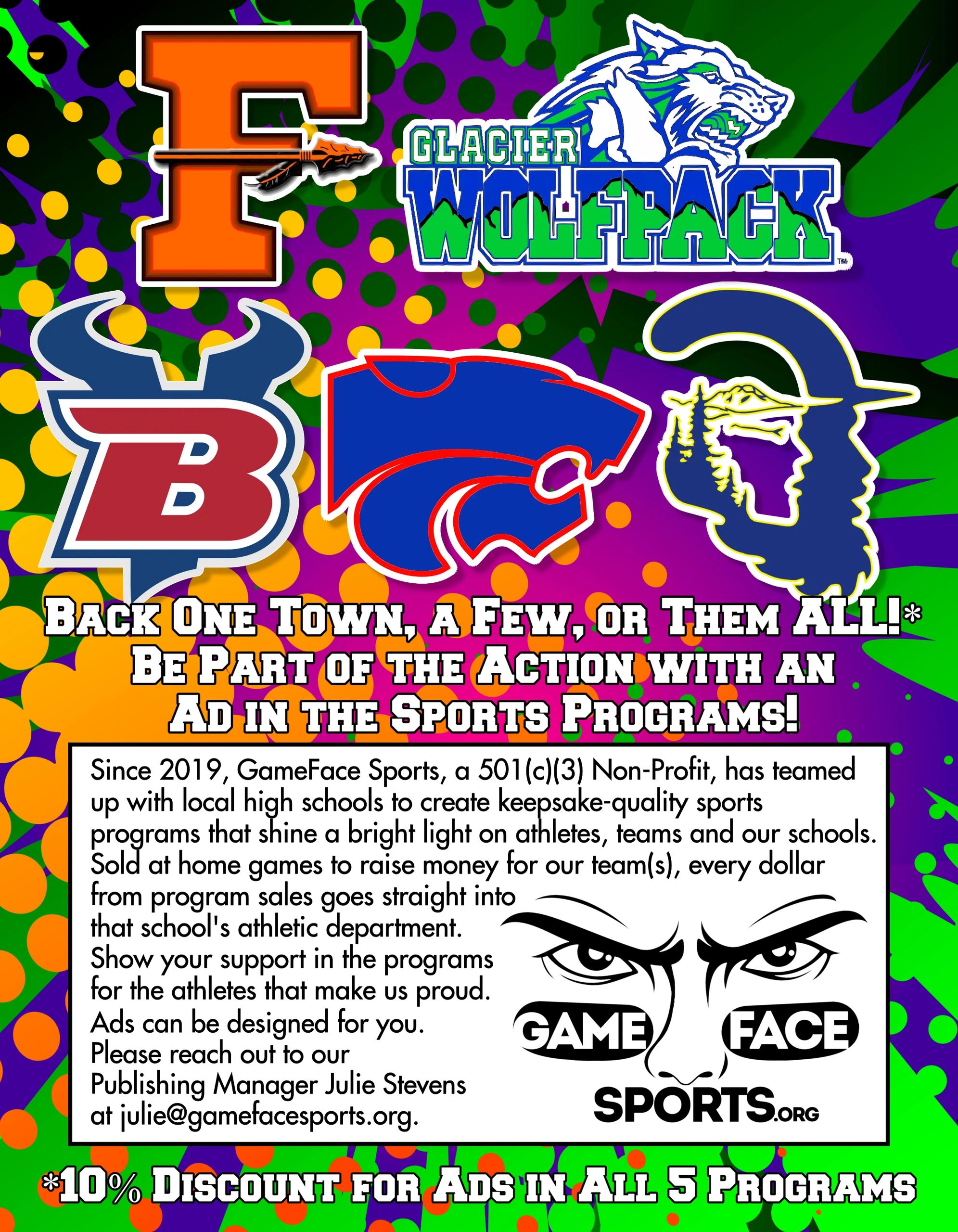 Colorful sports team logos promoting ads in school sports programs.
