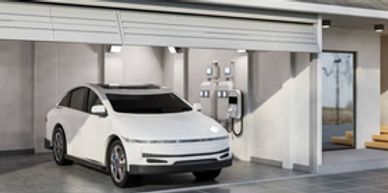 White electric car parked in a modern garage with solar panels.