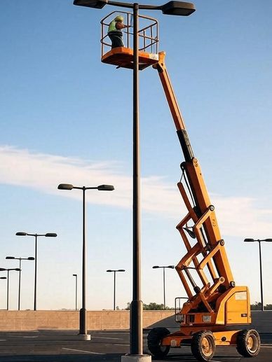 Worker using a scissor lift to fix a streetlight in an empty parking lot.