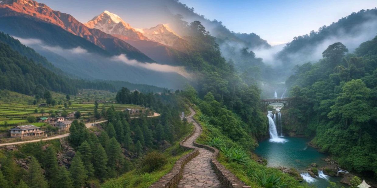 Scenic mountain path with waterfalls and lush greenery at sunrise.