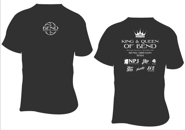 Black t-shirt with Bend Beach Volleyball logo and King &amp; Queen of Bend text.