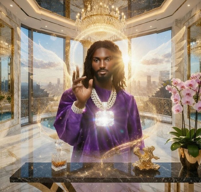 A regal man with glowing jewelry and angelic wings in a luxurious room.