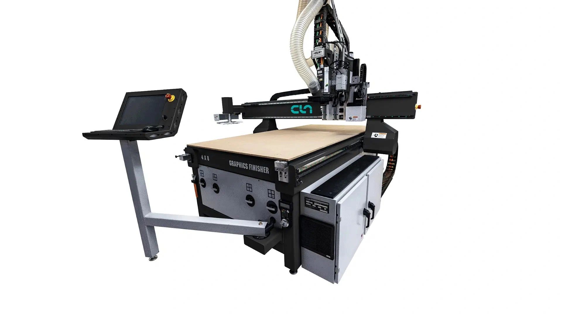 Industrial CNC graphics finishing machine with control panel.