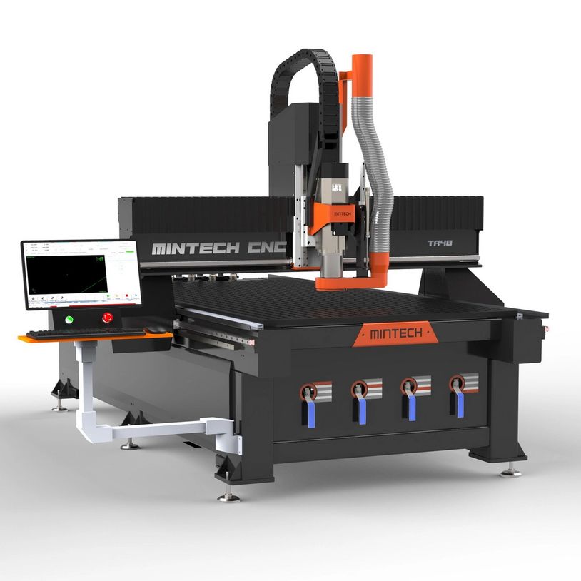 A modern MINTECH CNC machine with attached computer screen and orange accents.