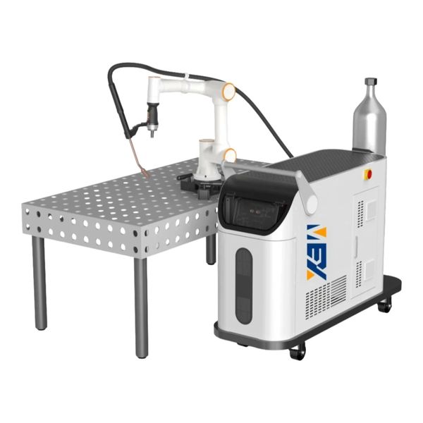 Robotic welding machine with metal table.