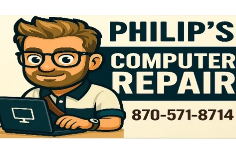 Cartoon of a man with glasses working on a laptop for Philip's Computer Repair.