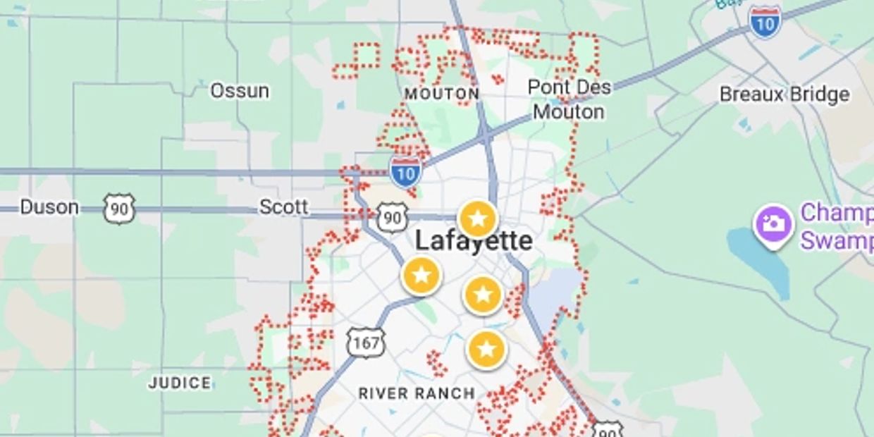Map showing Lafayette and nearby towns with marked locations.