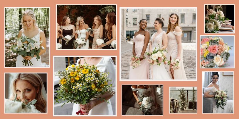 Photos de confections de mariage avec mariées, filles d'honneur et bouquets de fleurs naturelles