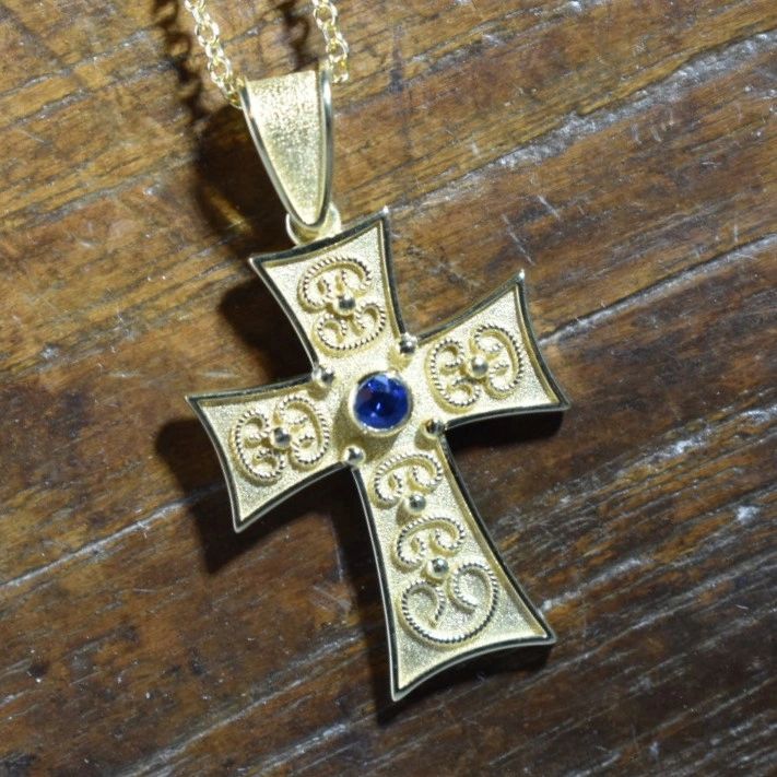 18K Gold Cross with Sapphire - GREEK ROOTS Byzantine Cross Jewelry