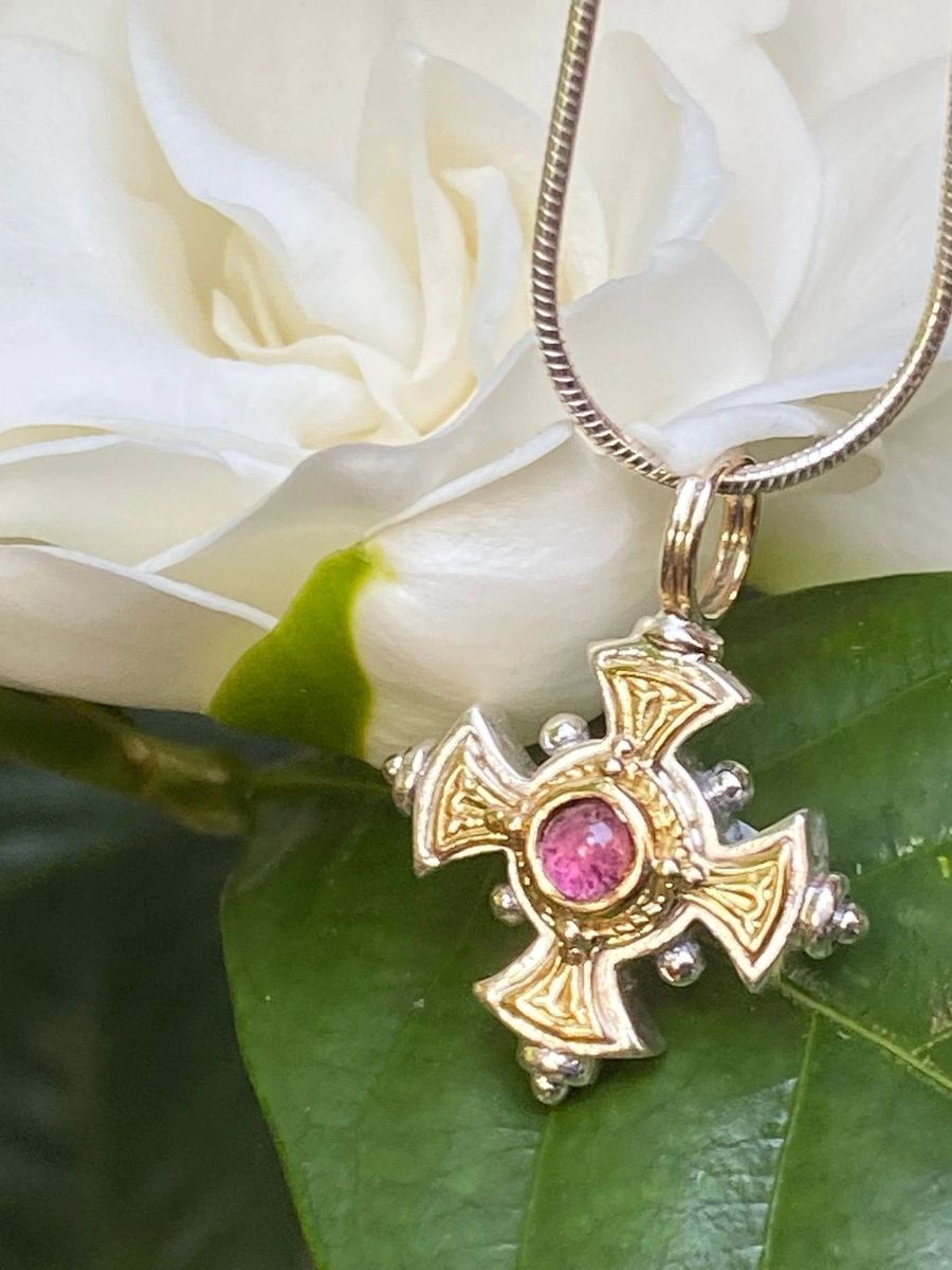 Gerochristo Cross Pendant in 18K Gold and Sterling Silver and Pink