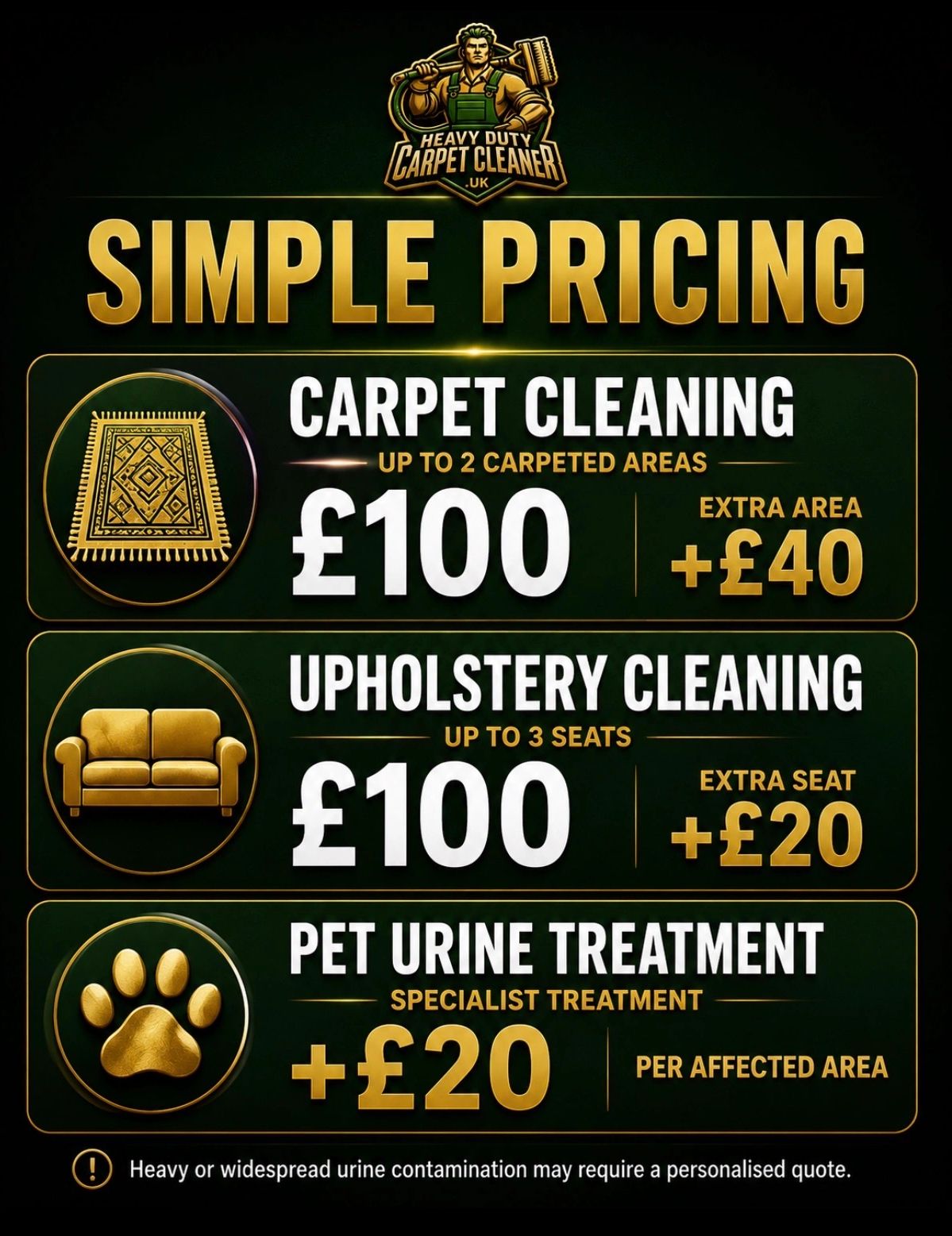 Carpet and upholstery cleaning prices with pet urine treatment.