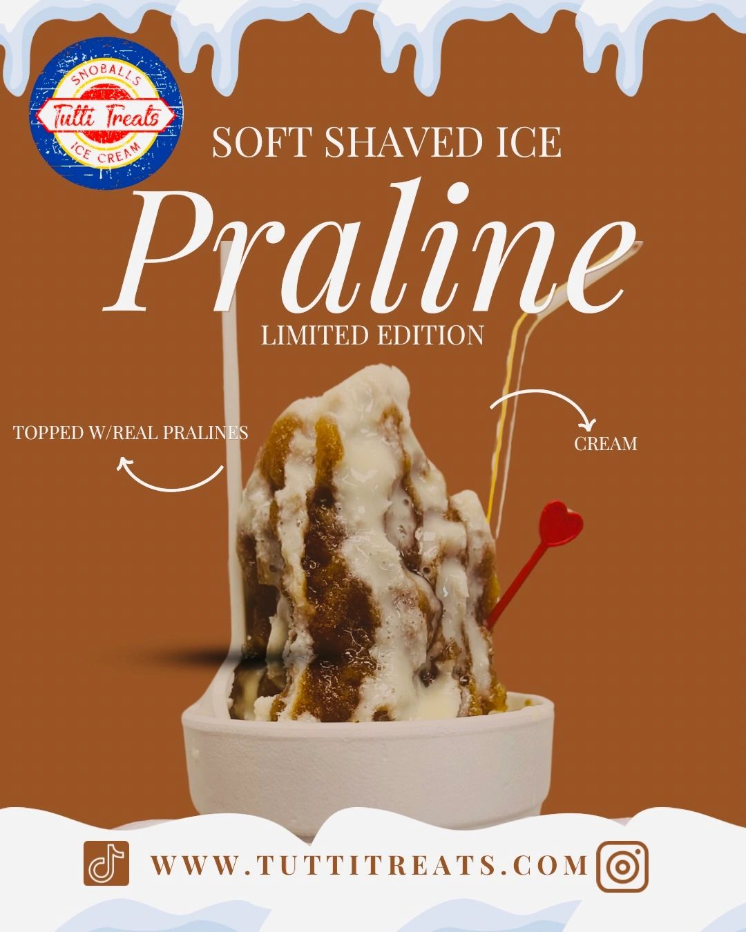 Limited edition praline soft shaved ice topped with real pralines and cream.