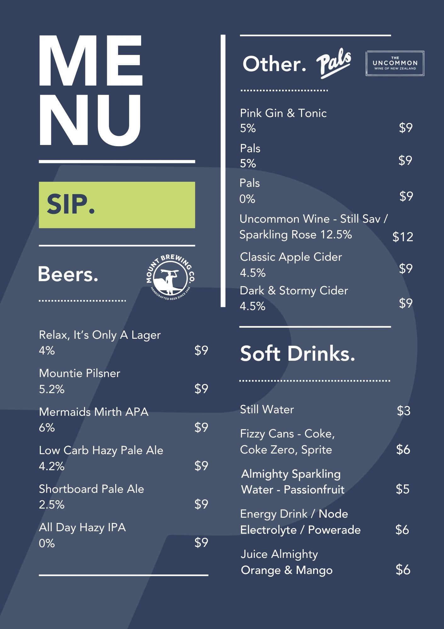 Beverage menu with beers, cocktails, and soft drinks.
