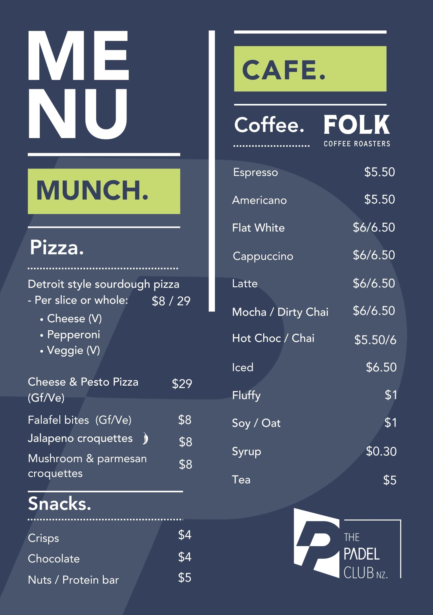 Menu with munchies and coffee offerings.