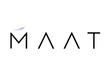 Minimalist logo spelling 'MAAT' with a small feather above the M.
