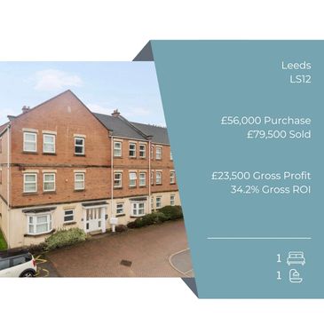 Brick apartment building in Leeds with profit and ROI details.