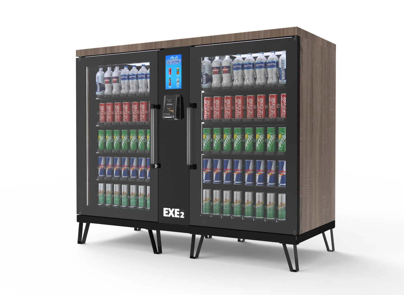 Modern beverage vending machine with various drinks.