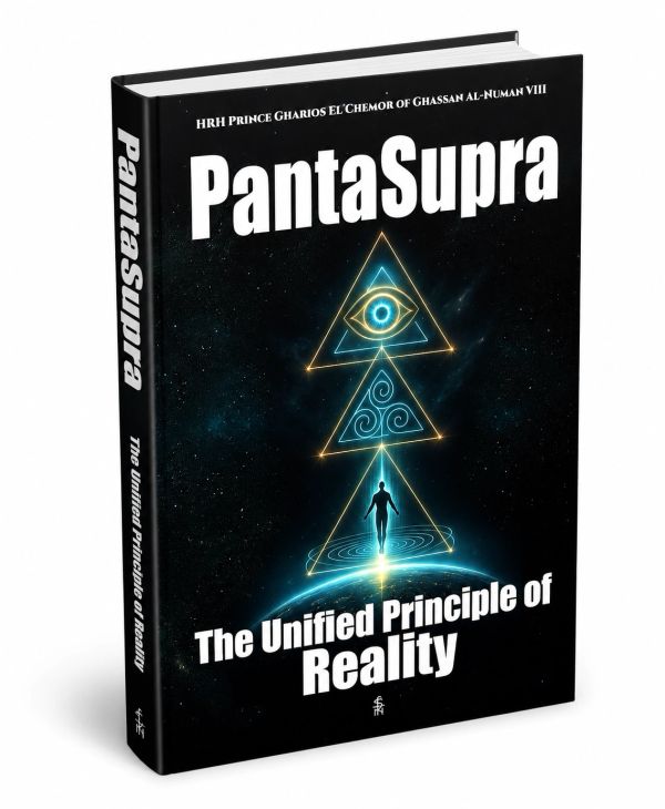 Book titled 'PantaSupra: The Unified Principle of Reality' with mystical symbols on cover.