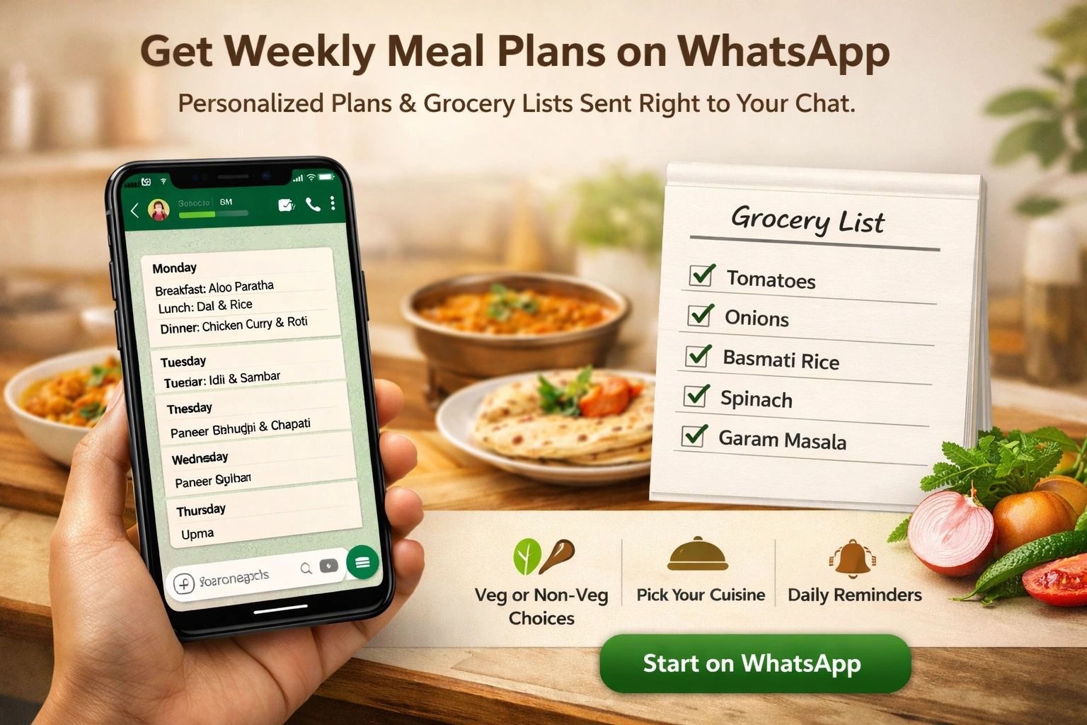 Weekly meal plans and grocery lists sent via WhatsApp chat for personalized meal choices.