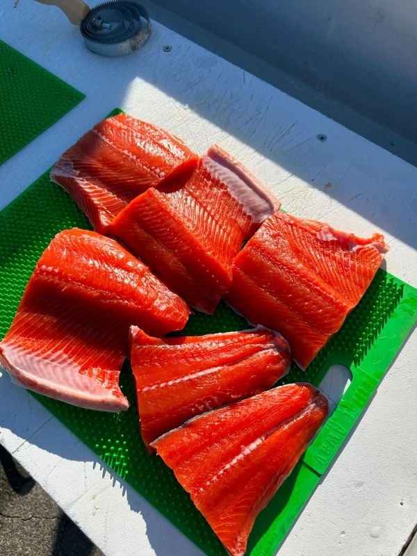 Freshly cut salmon fillets on a green cutting board.