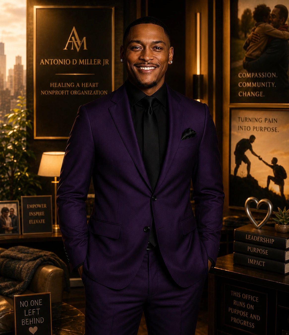 A confident man in a purple suit stands in an office promoting nonprofit and community values.