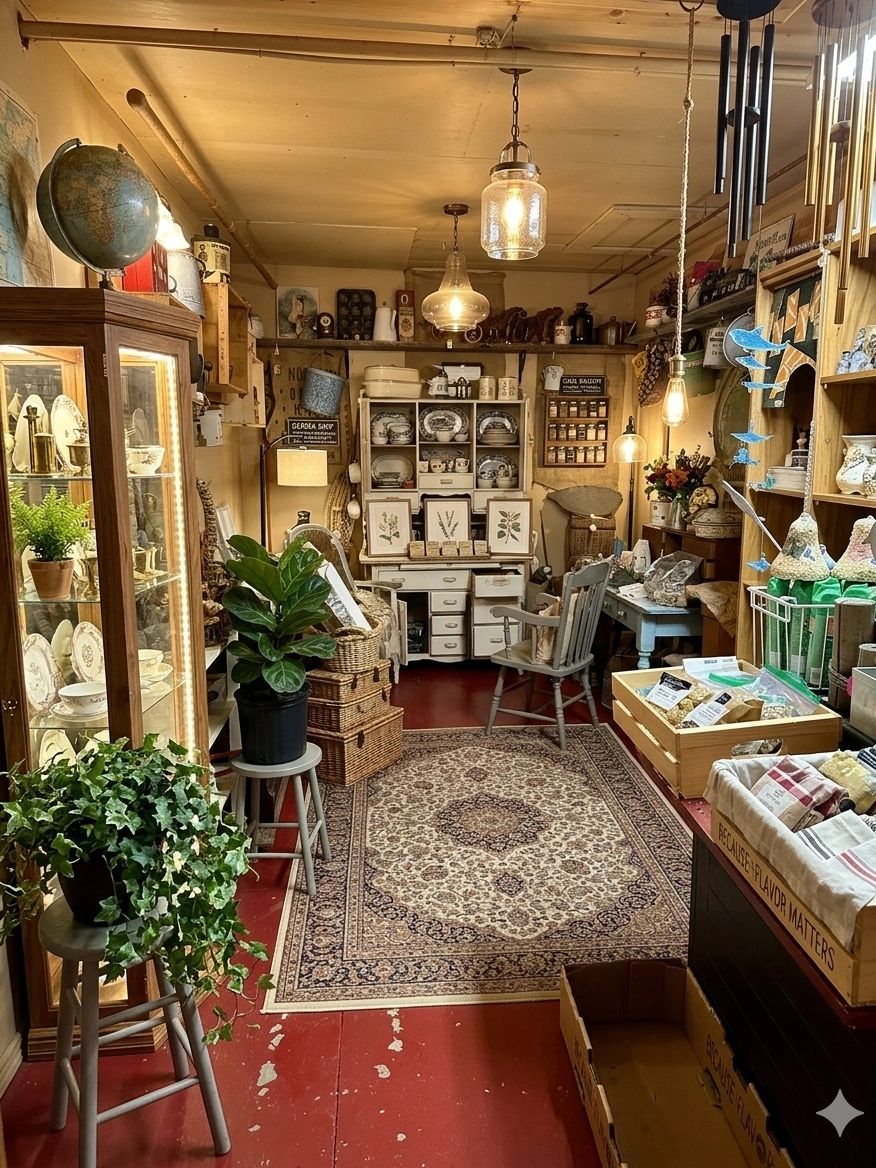 Cozy vintage shop room with plants and antique decorations.